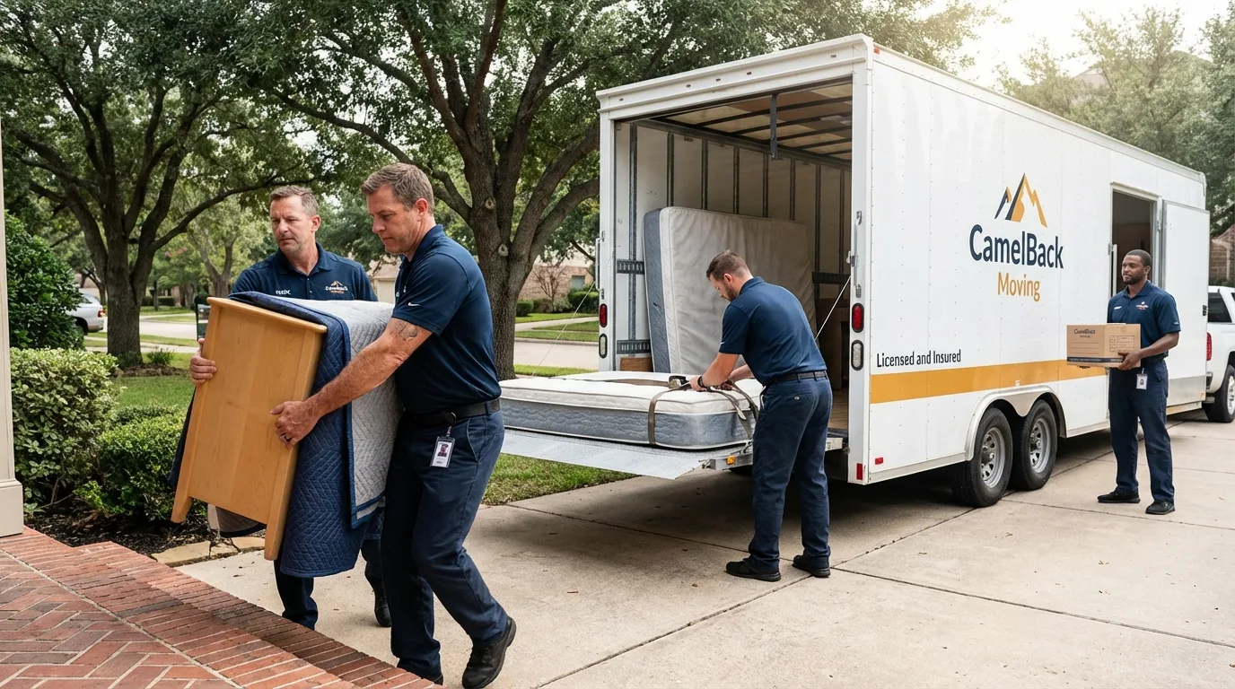 Crew loading residential truck for cross-state move from Charleston, AR