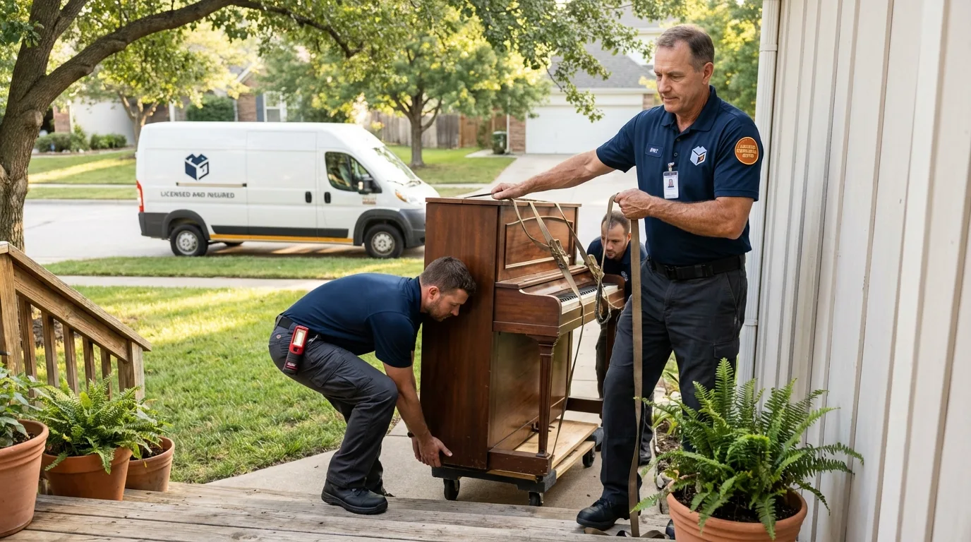 Licensed piano movers securing grand piano in Charleston, AR