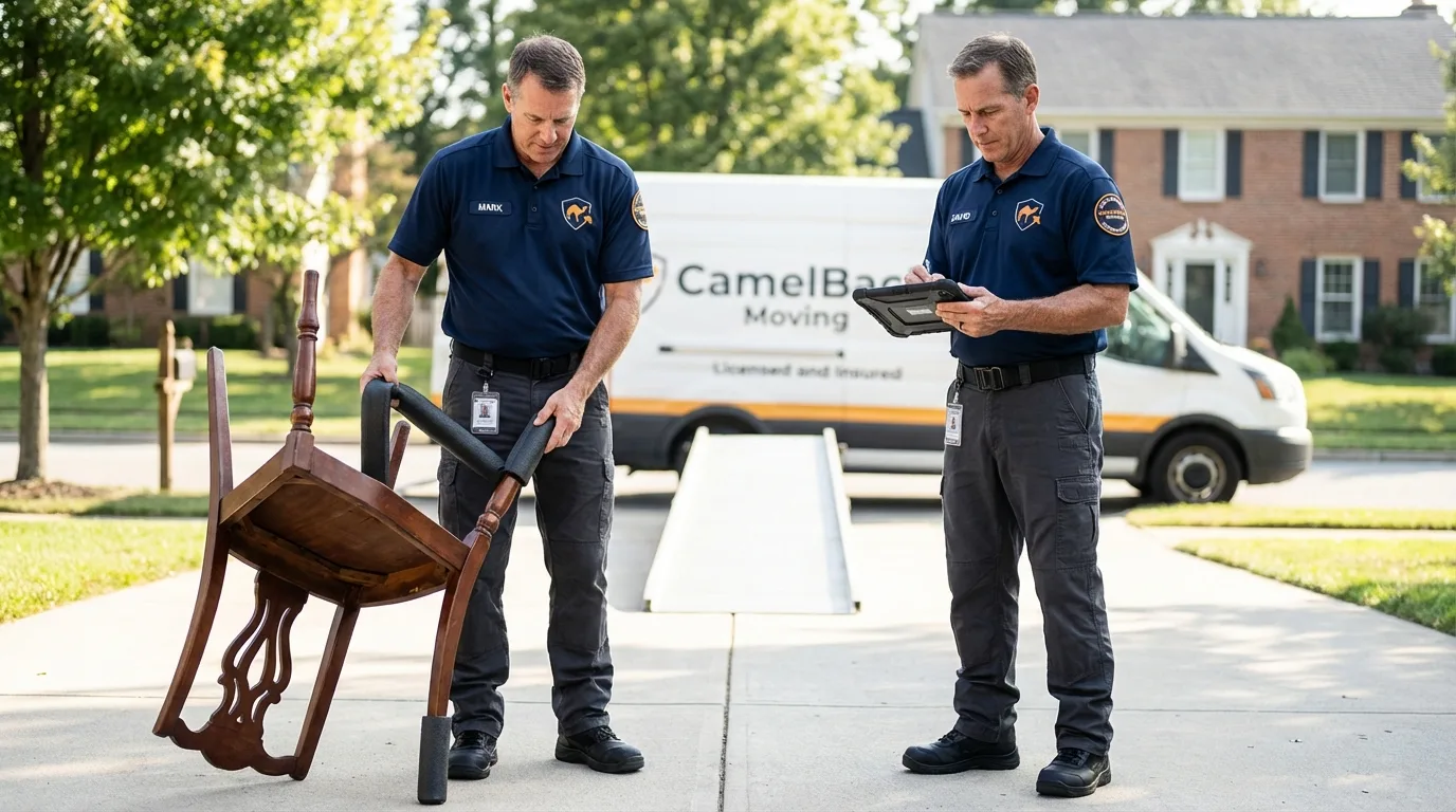Movers inspecting furniture for damage prevention before loading in Charleston, AR