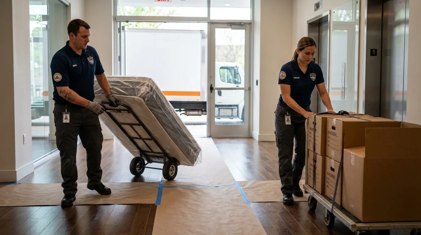 Professional apartment movers loading elevator in Charleston, AR
