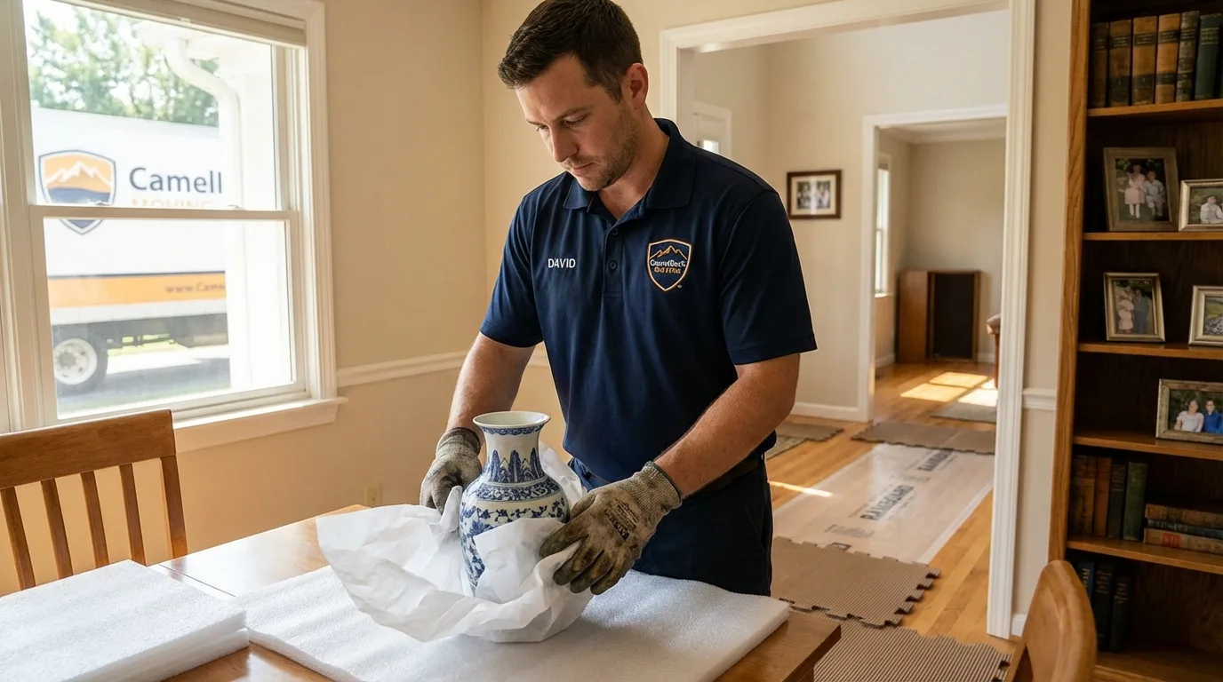 Professional crew carefully wrapping antique vase for senior downsizing move in Charleston, AR